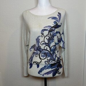Alfani Silver Knit Navy Floral Metallic Thread Scoop Neck Ribbed Hem Top Size S
